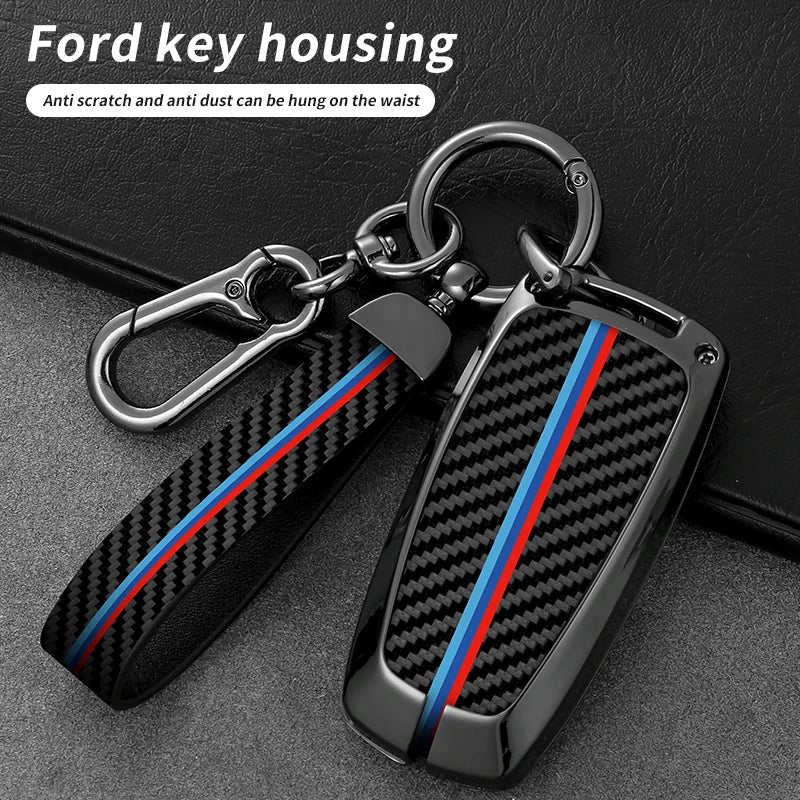 GPRGIT Metal Carbon Fiber Car Logo Key Case Cover for Ford Edge Fusion Mustang Explorer F150 F250 F350 Ecosport Holder Accessories
