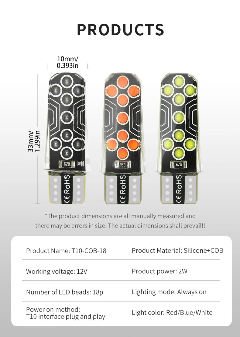 GPRGIT Car W5W T10 COB 18LED Silicone Width Indicator LED Light Bulbs License Plate Reading Lamp for Motorcycle