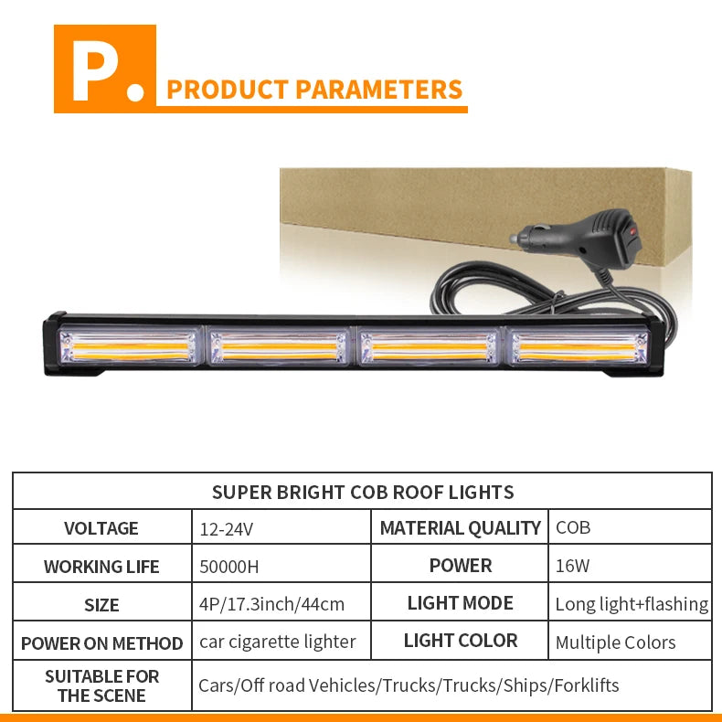 17 Inches Car COB LED Strobe Light Bar Waterproof Rooftop Traffic Emergency Flashing LED Warning Lights for Vehicles Trucks