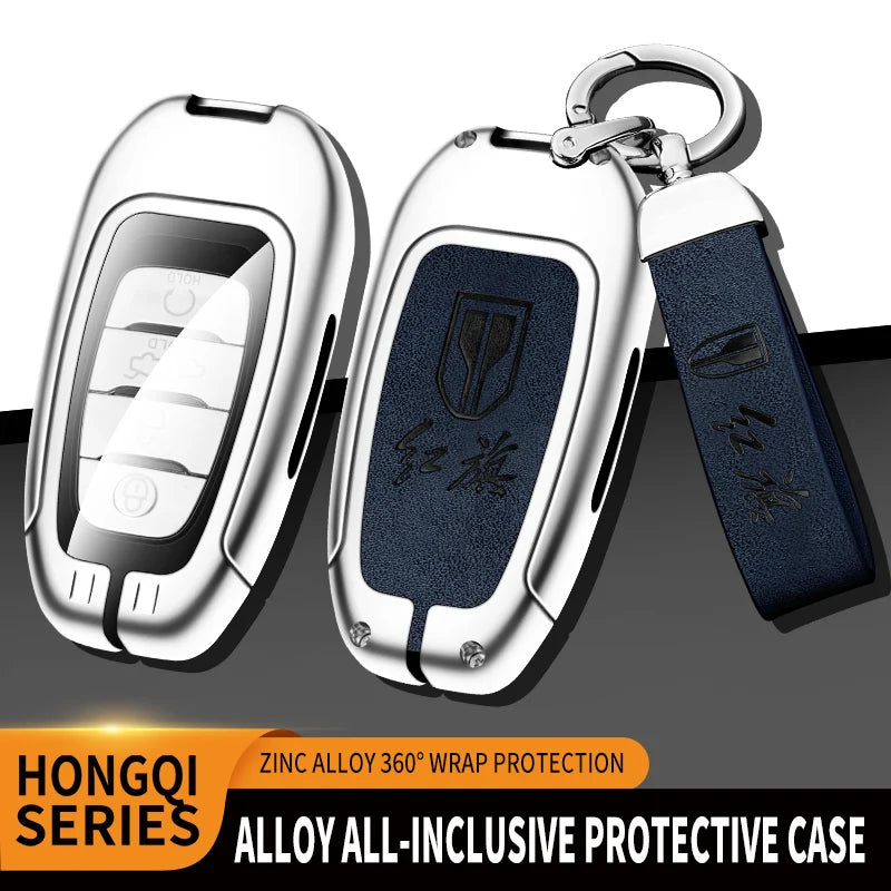 GPRGIT Leather Zinc Alloy Car Key Fob Cover Case Holder Keychain for FAW Hongqi H5 E-HS9 H9 2020 2021 Remote Keyless Accessories