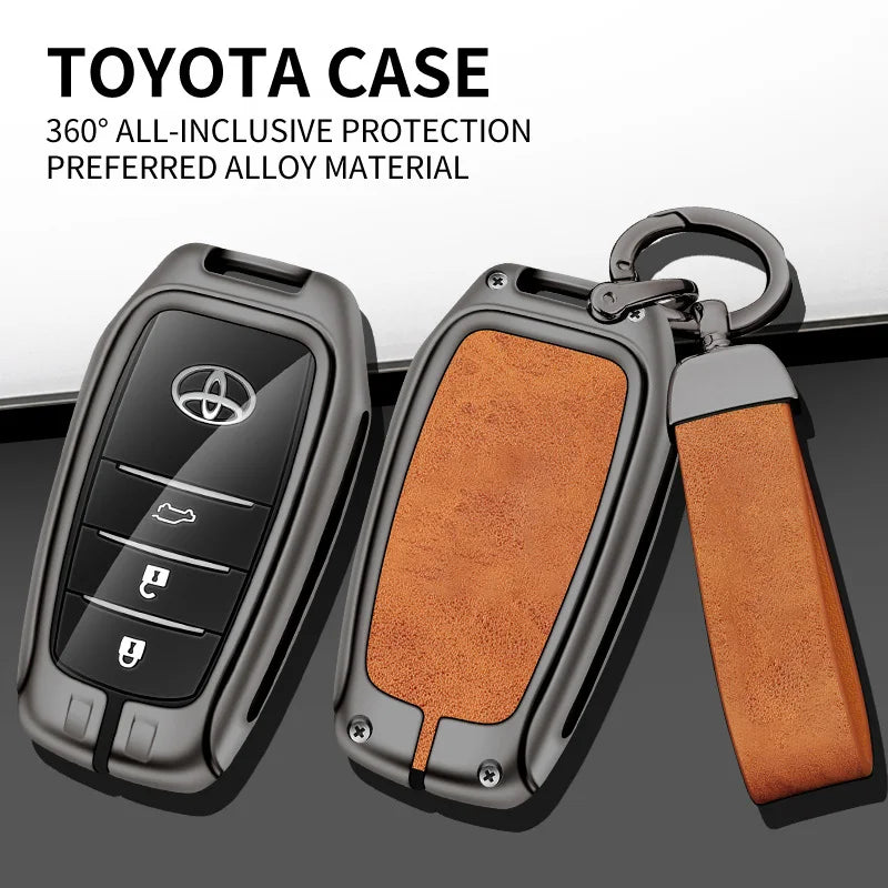 GPRGIT Metal Leather Car Logo Key Case Cover Shell for Toyota Crown Corolla Rav4 CH-R Camry Hilux Fortuner Key Fob Auto Accessories