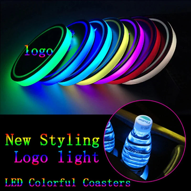 GPRGIT Welcome Light LED Light Mats Bottle Light Sensor Atmosphere Interior Accessories Universal Fit 7 Colors Car Coasters Cup