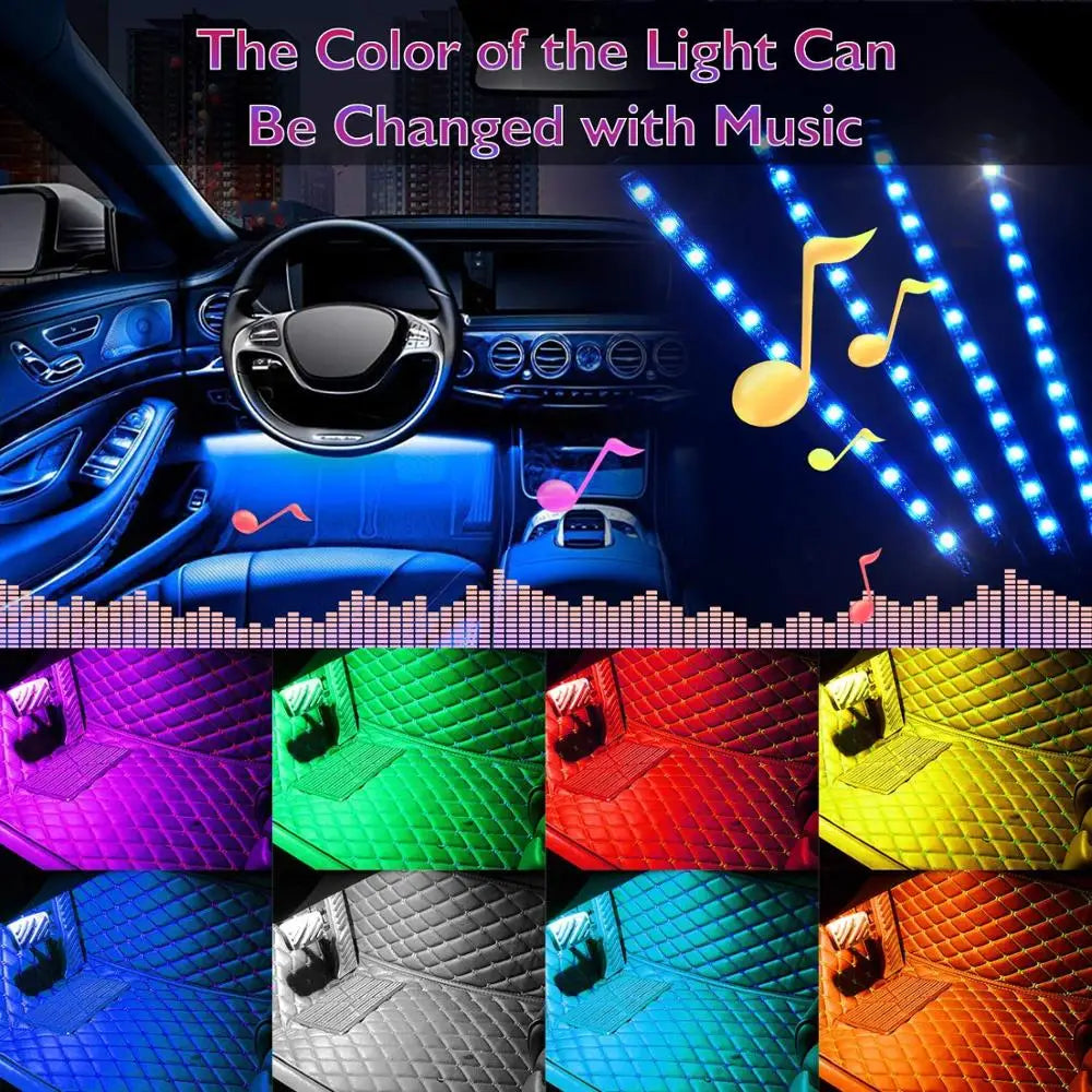 GPRGIT Car Foot Atmosphere Neon LED Light RGB 12 LED APP Remote Voice Control 5V USB
