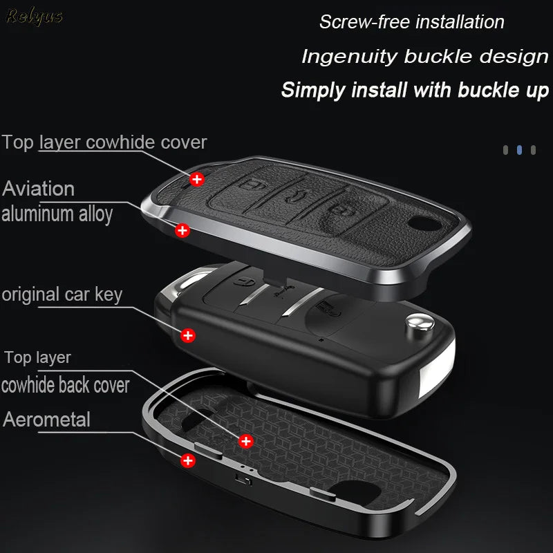 GPRGIT Flip Aluminum Leather Car Key Case Cover Shell for Changan CS15 CS35 CS75 EV E-Star EADO Raeton V3 V5 V7 Holder Accessories