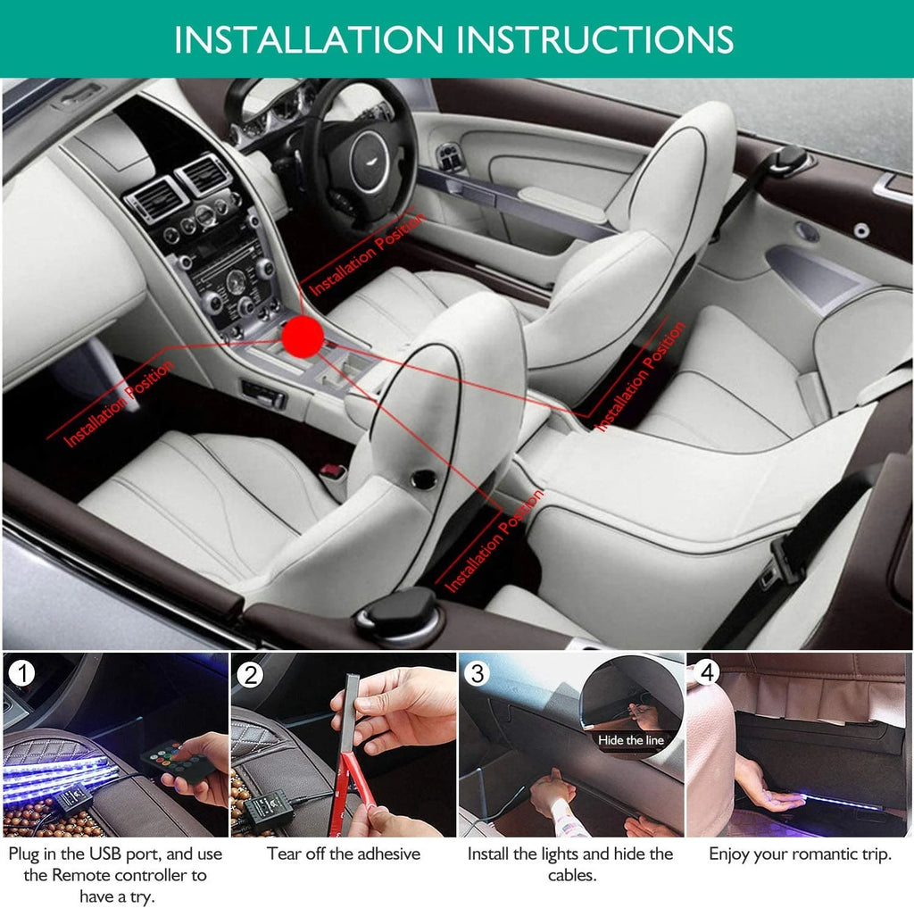 GPRGIT Car Foot Atmosphere Neon LED Light RGB 12 LED APP Remote Voice Control 5V USB