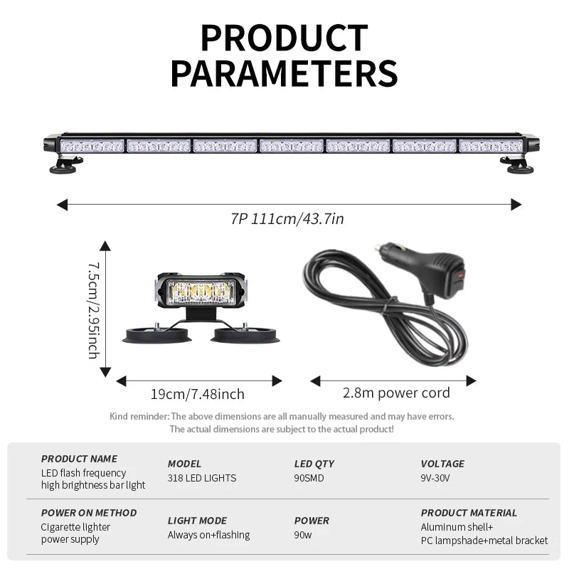 90 Led Rooftop Strobe Light Bar For Trucks Magnetic Suction Screw Mount 9 - 30v Ip65 Waterproof Emergency Warning Light
