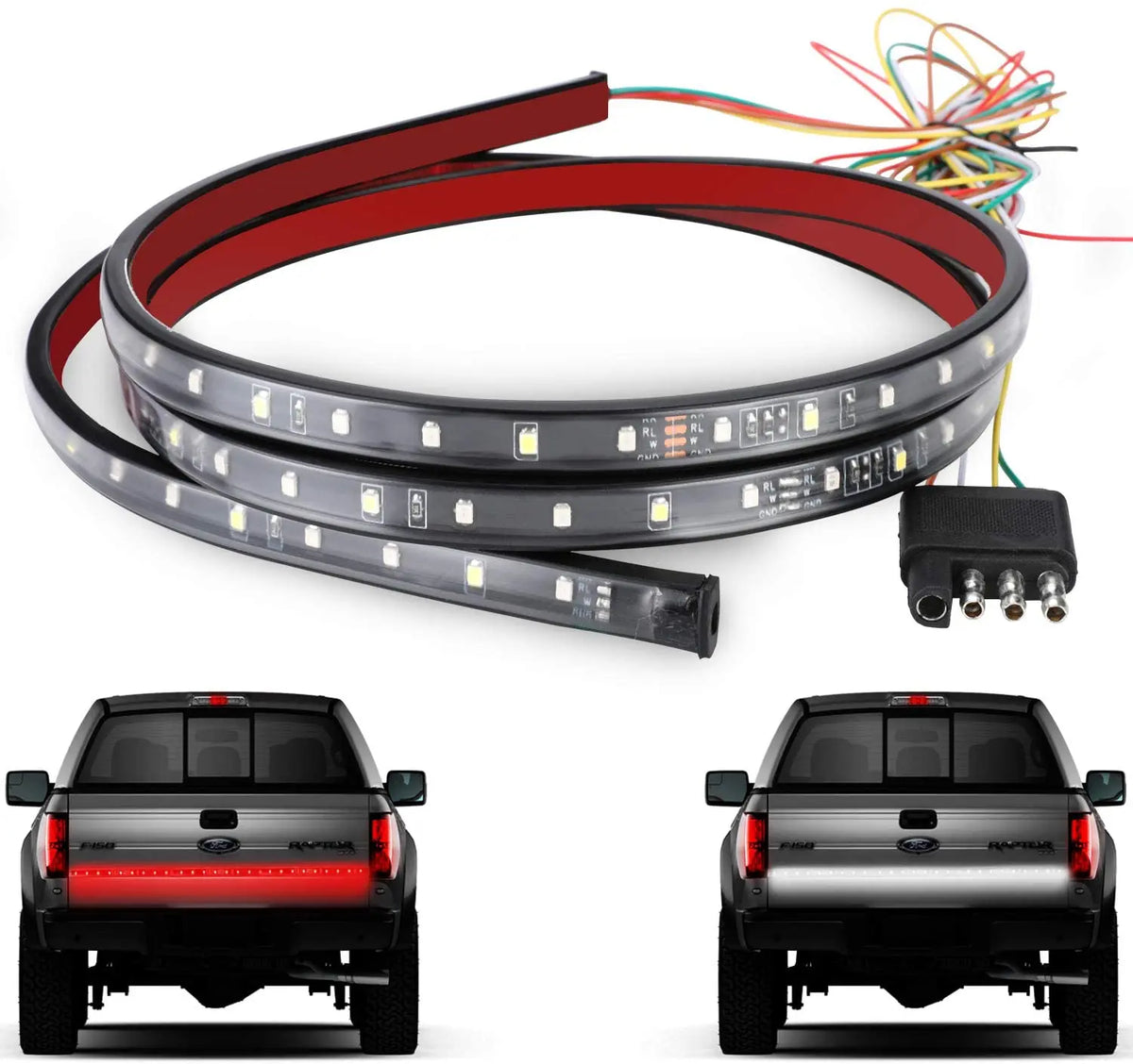 GPRGIT 60" Red White Trunk Flexible Tailgate Light Bar Reverse Brake Turn Signal Tail Running LED Strip Lights 1.2M & 1.5M IP67