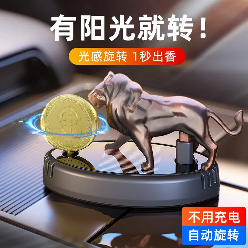GPRGIT Solar Aromatherapy Car Ornament Rotating Gold Coin Lion Car Perfume Interior Decoration