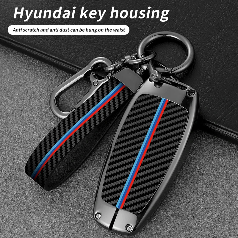 GPRGIT Carbon Fiber Zinc Alloy Leather Car Logo Key Case for Hyundai Tucson Solaris Sonata Hybrid NEXO NX4 Santafe DN8 2020 2021 2022