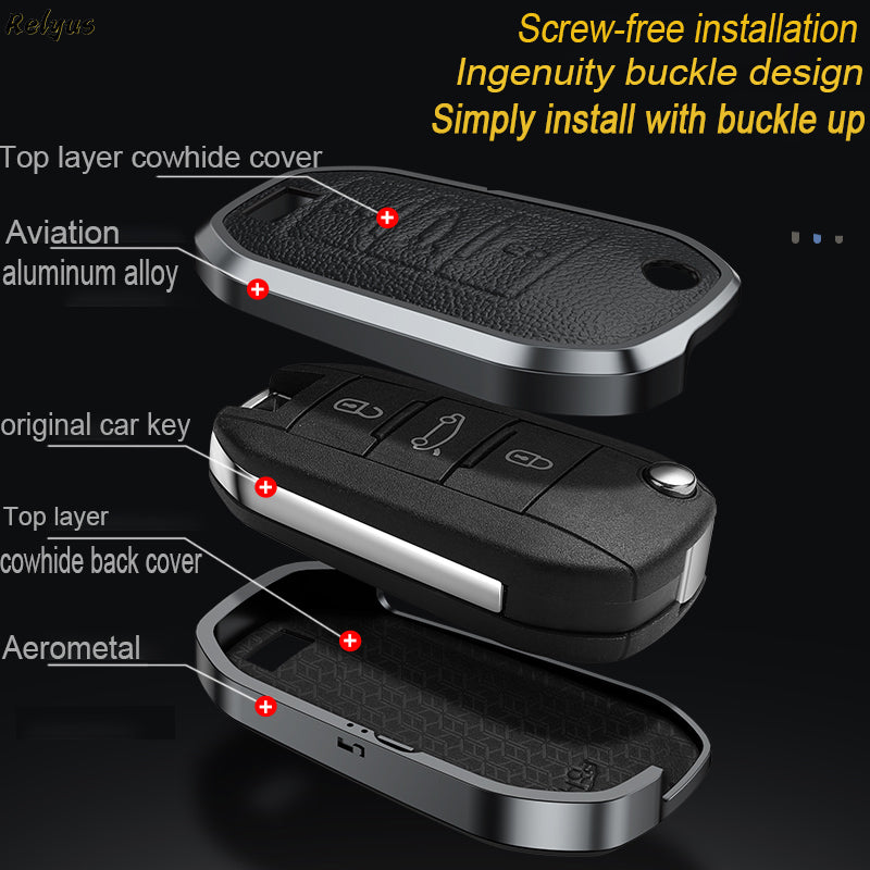 GPRGIT Aluminum Alloy+Leather Car Key Cover Case for Peugeot 3008 208 308 RCZ 508 408 2008 407 307 4008