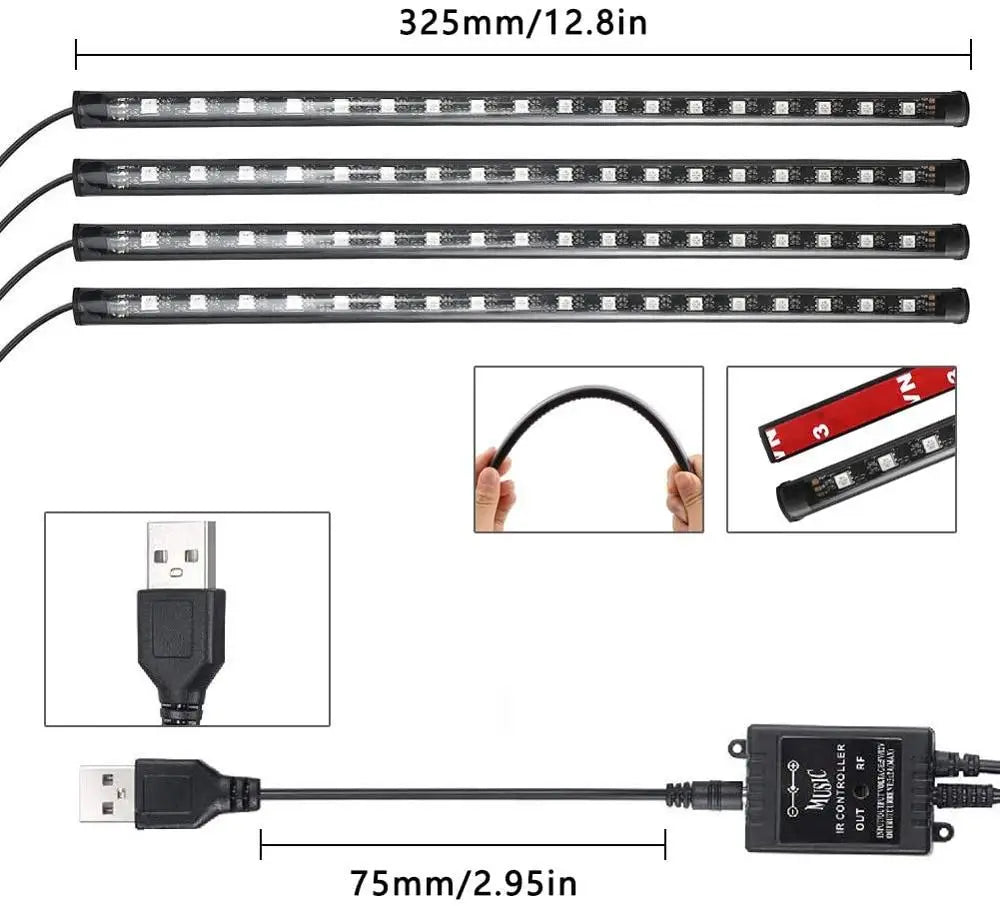 GPRGIT Remote 5050 RGB Car LED Strip Lamp USB Ambient Atmosphere Decoration Interior Light 12V 72W
