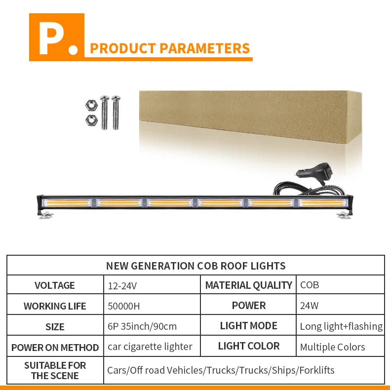 Amber White Red Blue 35inch LED Hazard Emergency Strobe Light Bar COB Flashing Warning Safety Dash Windshield Lights 12V 24V