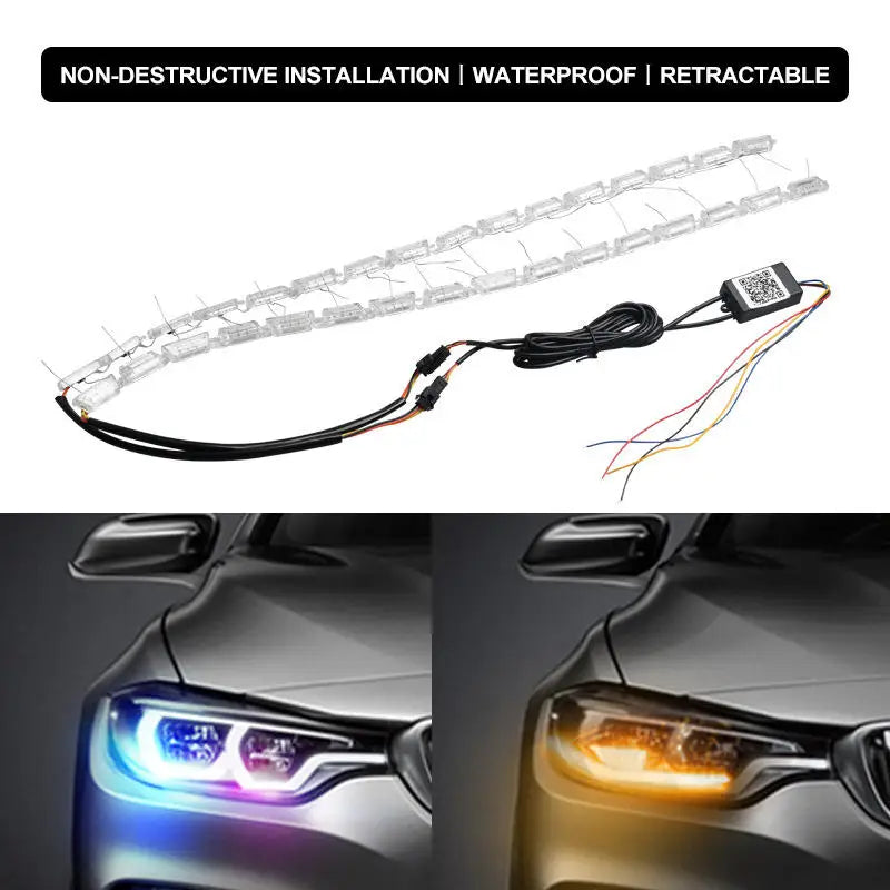 GPRGIT 2pcs APP Sequential Flow LED DRL Flexible Waterproof Turn Signal Angel Eye Decorative Light Strip