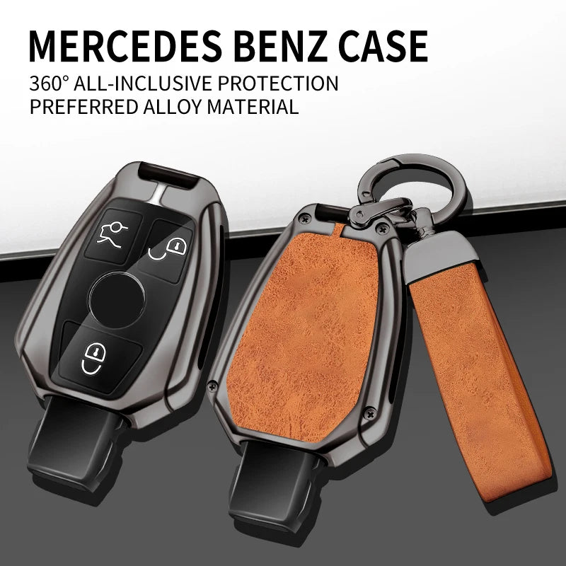 GPRGIT Metal Leather Car Logo Key Cover Case for Mercedes-Benz A/B/C/E/R Class GLA GLK GLC CLS CLA W204 W205 W212 W463 W176