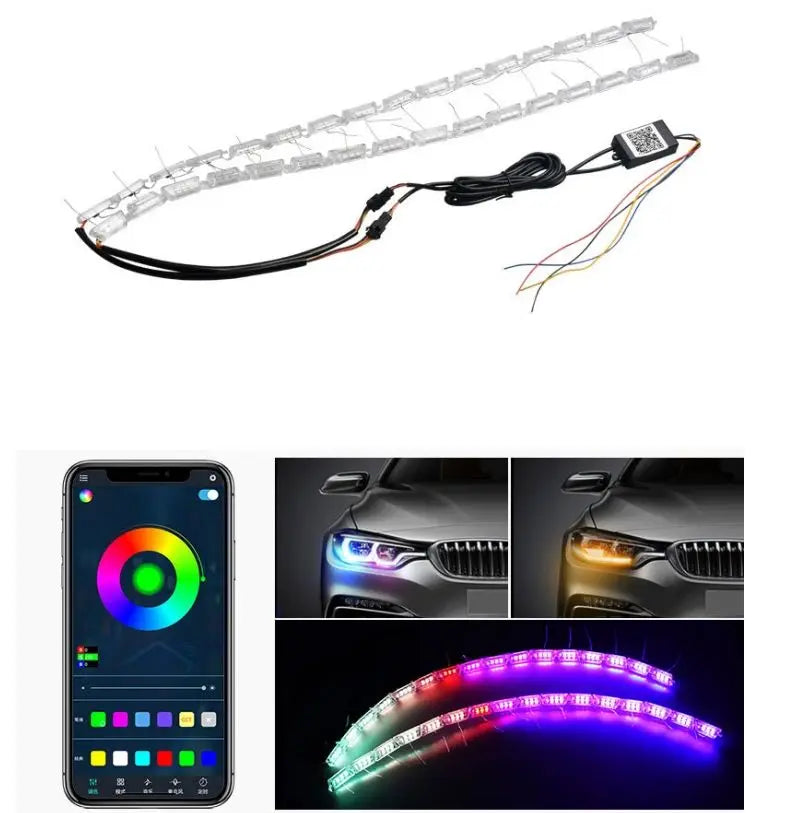 GPRGIT 2pcs APP Sequential Flow LED DRL Flexible Waterproof Turn Signal Angel Eye Decorative Light Strip