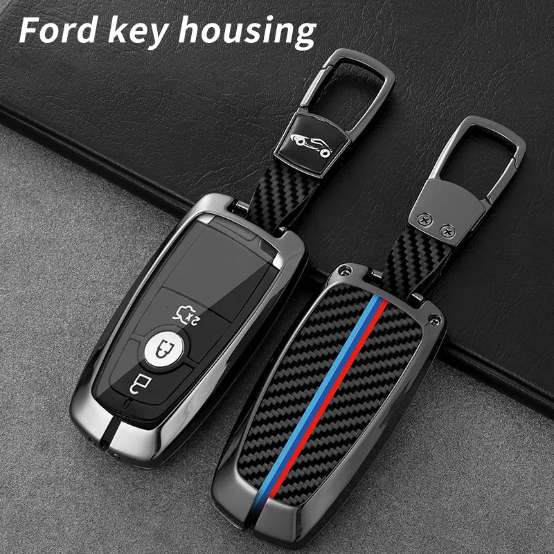 GPRGIT Metal Carbon Fiber Car Logo Key Case Cover for Ford Edge Fusion Mustang Explorer F150 F250 F350 Ecosport Holder Accessories
