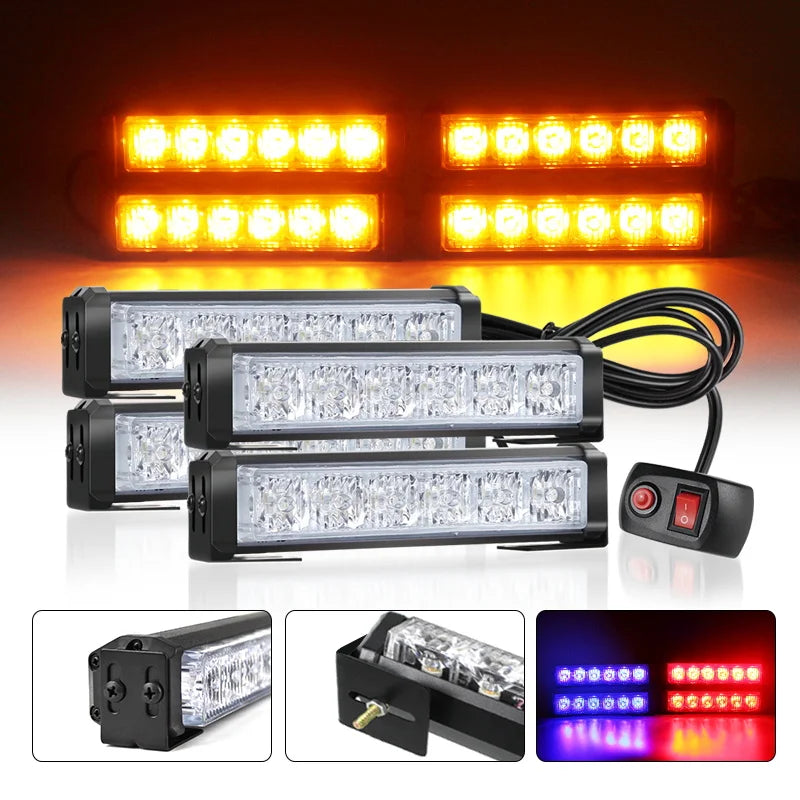 Super Bright 4 in 1 Car LED Warning Light Bar Grill Side Marker Strobe Lights Kit Emergency Flashing Light Car Truck