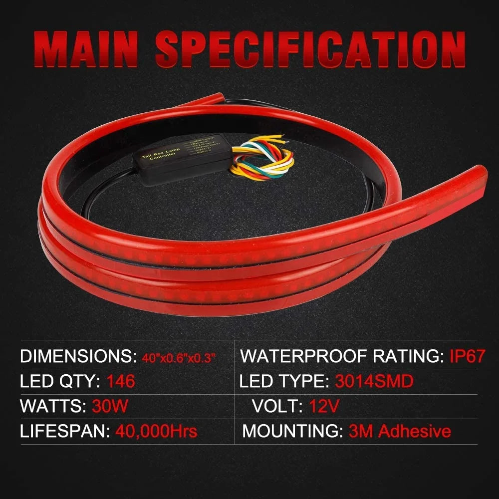 GPRGIT 1M High Mount Rear Tail Brake LED Warning Strip Light Car Strobe Flashing Stop Lamp 12V Flexible LED Flow Red Color Running