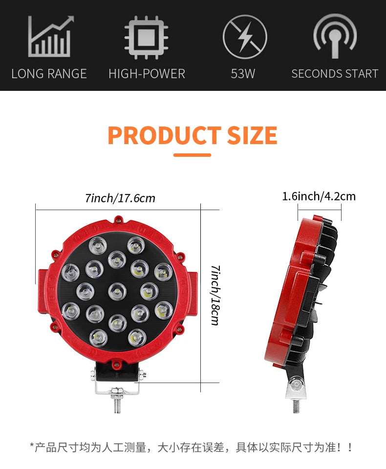 Off Road Spot Round Truck Work Lamp 51w Two-tone Led Driving Lights Work Spot Beam Round Offroad Driving Light