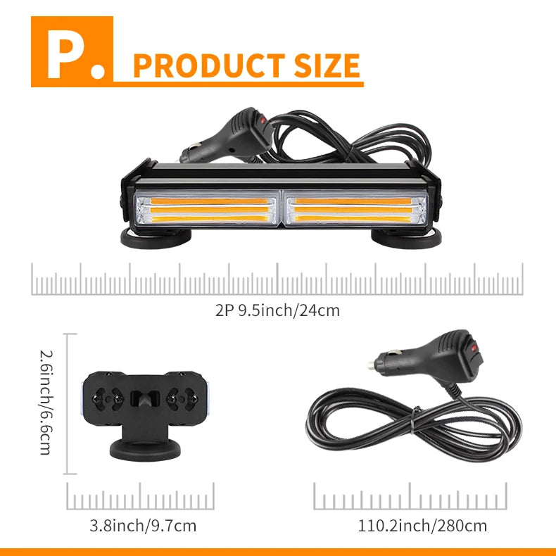 Car LED Strobe Light Bar 2 Sides COB LED Warning Emergency Flashing Lights for Vehicle Rooftop Grille Bumper