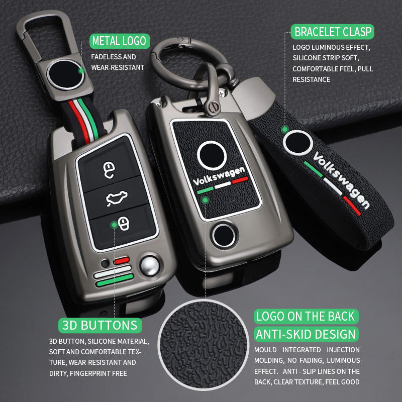 GPRGIT Zinc Alloy Flip Car Key Cover Case for VW Golf 7 Mk7, Seat Ibiza/Leon, Skoda Octavia