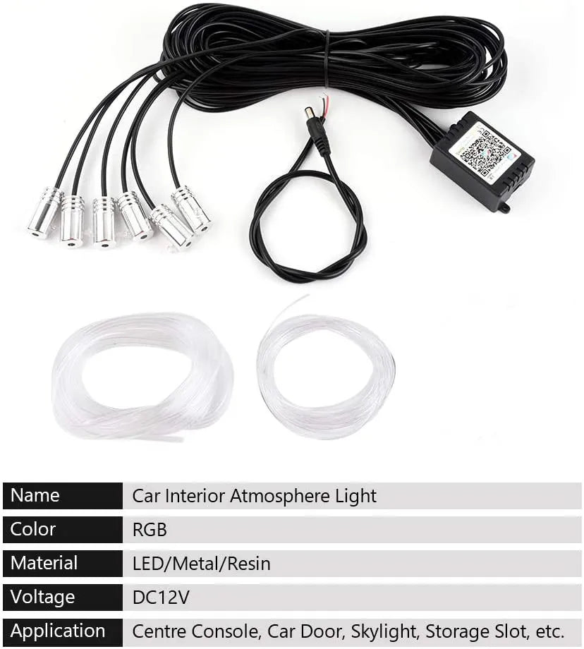 GPRGIT Car Interior Decorative RGB LED Fiber Optic Strip Ambient Light 12V APP Control