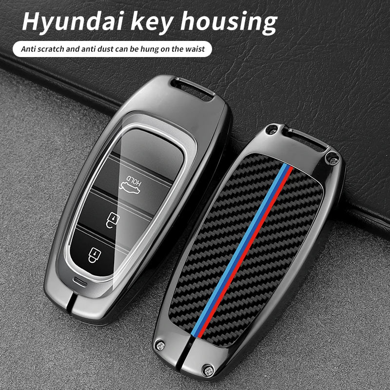 GPRGIT Carbon Fiber Zinc Alloy Leather Car Logo Key Case for Hyundai Tucson Solaris Sonata Hybrid NEXO NX4 Santafe DN8 2020 2021 2022