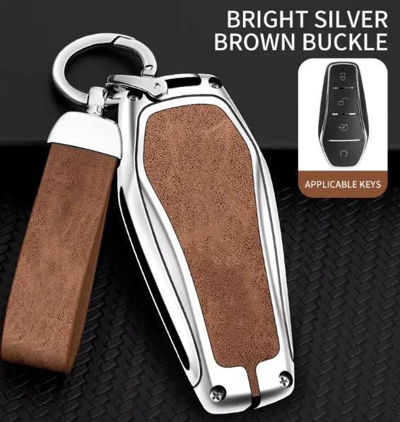 GPRGIT Leather Car Key Cover for BYD Atto 3 Han EV Dolphin Byd Song Plus EV 4 Buttons Remote Metal Accessories Keyless Holder