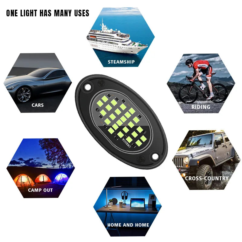 GPRGIT High Bright Multicolor Waterproof IP68 Rock Neon Light - Truck Offroad ATV - IP68, APP Control, 12V, 2W, 24 LEDs, Underbody