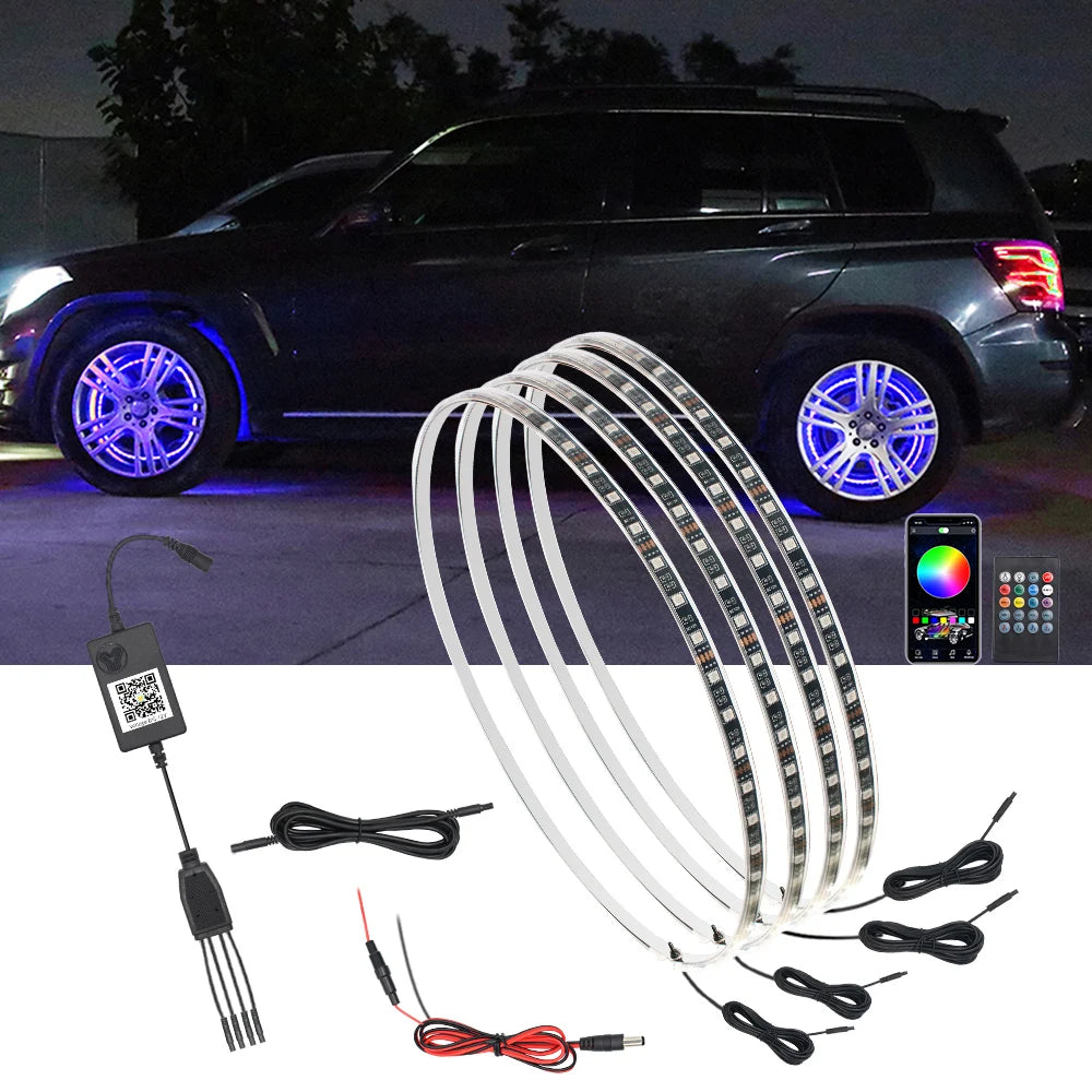 GPRGIT 15inch RGBW LED Wheel Ring Lights Kit - Offroad Truck Car - 12V, 3W, 7 Colors, APP/Remote Control, Wheel Mount