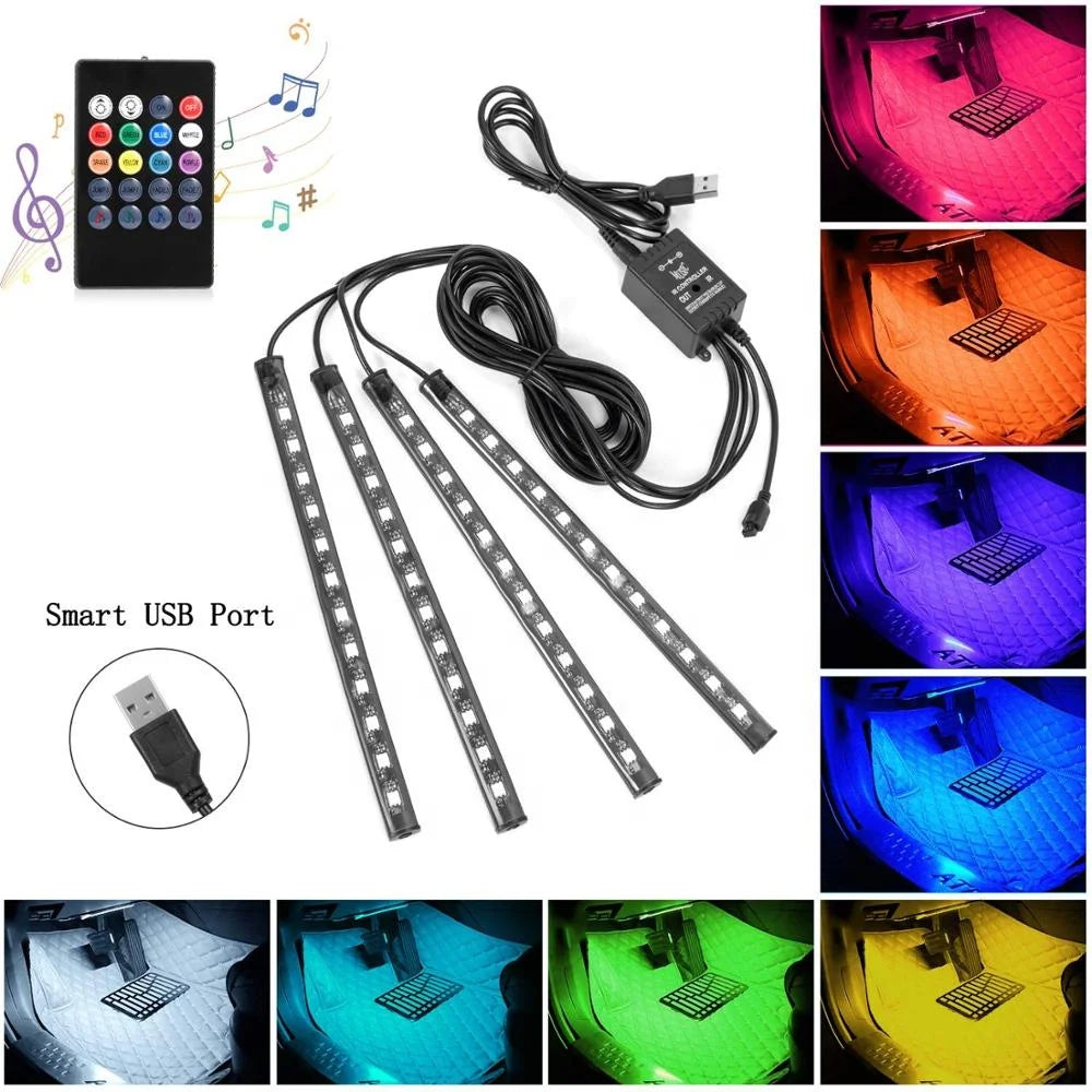 GPRGIT Car Foot Atmosphere Neon LED Light RGB 12 LED APP Remote Voice Control 5V USB