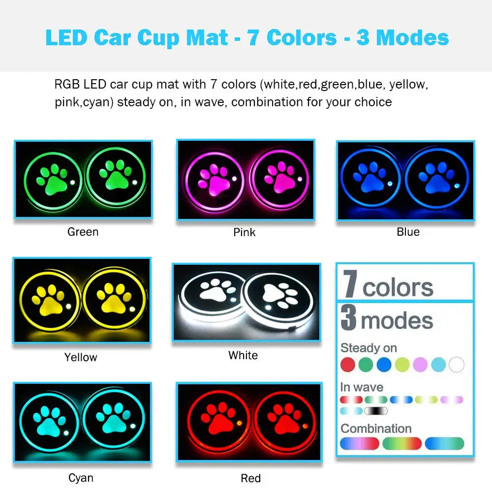 GPRGIT LED Car Cup Holder Mats Pads Dog Paw RGB LED Lights Car Drink Coaster Accessories Interior Decoration Atmosphere Light - Univers