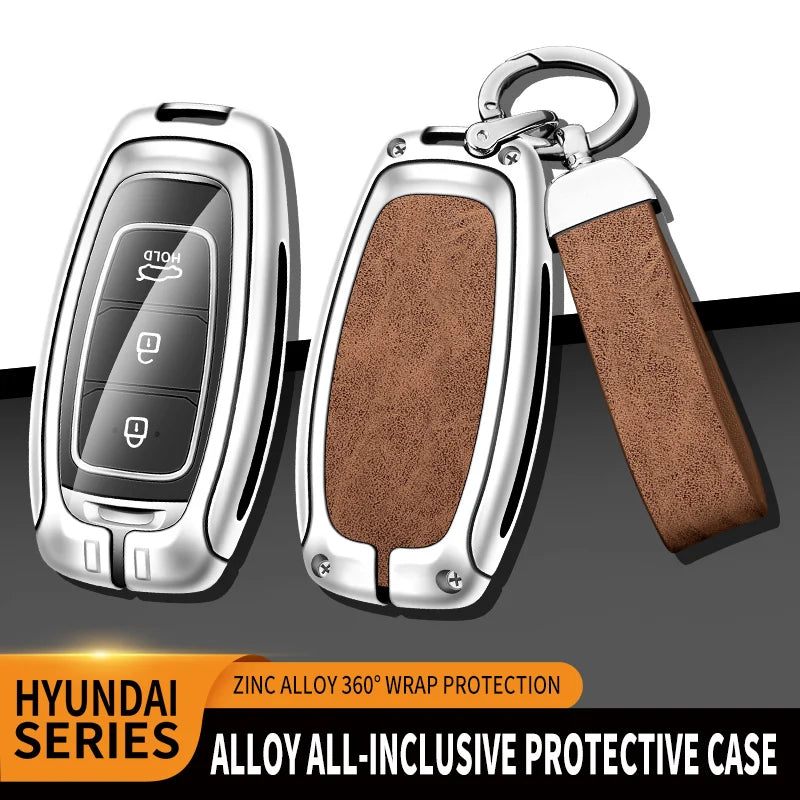 GPRGIT Zinc Alloy Leather Car Key Cover Shell Case for Hyundai Santa Fe Tucson 2022 NEXO NX4 Atos Solaris Prime2021 Car Key Accessories