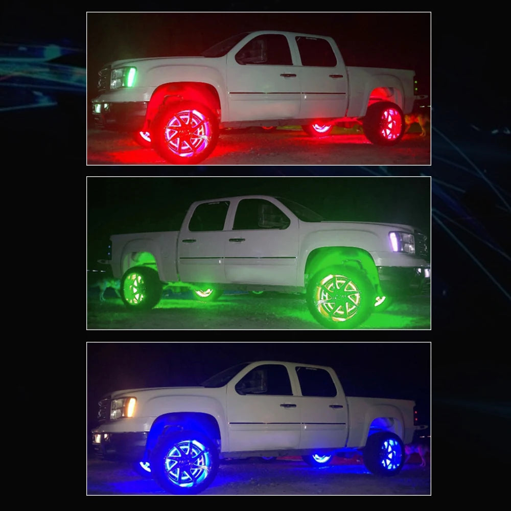 GPRGIT 15inch RGBW LED Wheel Ring Lights Kit - Offroad Truck Car - 12V, 3W, 7 Colors, APP/Remote Control, Wheel Mount