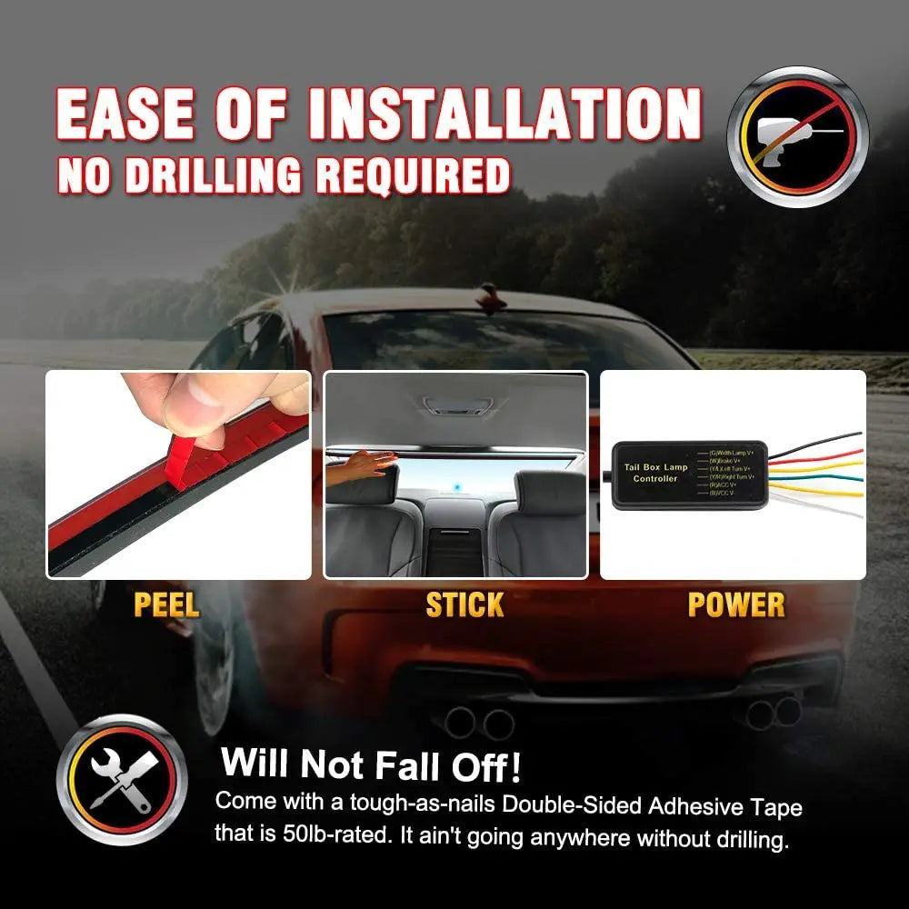 GPRGIT 1M High Mount Rear Tail Brake LED Warning Strip Light Car Strobe Flashing Stop Lamp 12V Flexible LED Flow Red Color Running