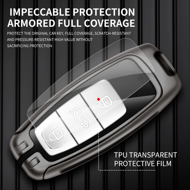 GPRGIT Metal Leather Car Key Case Cover for Audi A3 A4 A6 A7 A8 4K B9 E-tron Q5 Q8 C8 D5 SQ8 Keyless Protector Shell