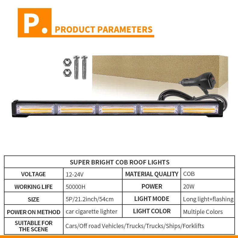 21inch Vehicle LED Strobe Light Emergency Flashing Lamp COB Warning Light Bar for Roof Dash Windshield Grille Deck 9-30V