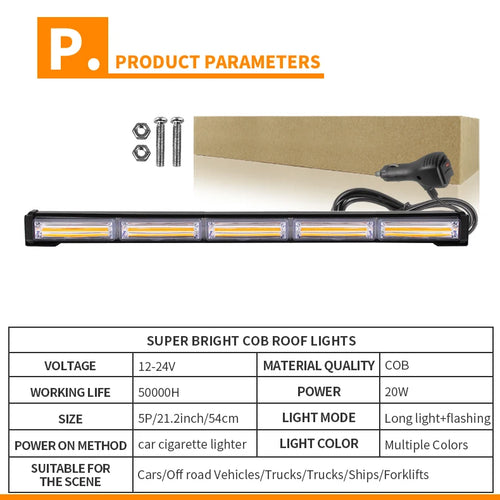21inch Vehicle LED Strobe Light Emergency Flashing Lamp COB Warning Light Bar for Roof Dash Windshield Grille Deck 9-30V