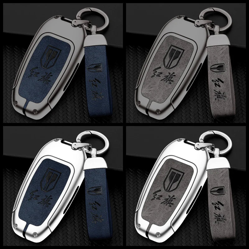 GPRGIT Leather Zinc Alloy Car Key Fob Cover Case Holder Keychain for FAW Hongqi H5 E-HS9 H9 2020 2021 Remote Keyless Accessories