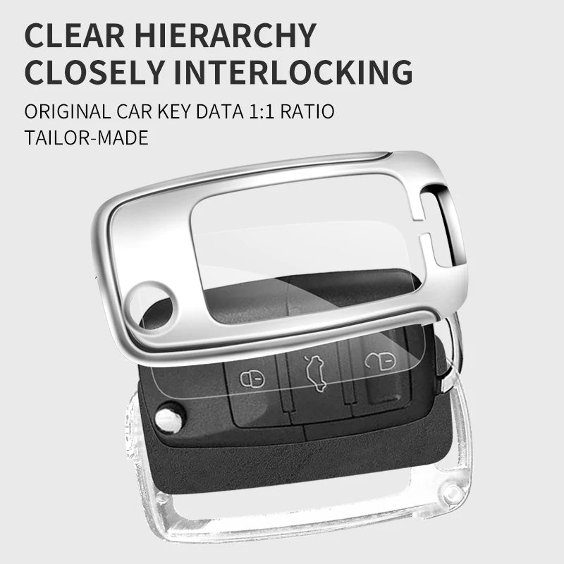 GPRGIT Metal Leather Car Flip Key Fob Case Cover for VW Golf Bora Jetta Scirocco Tiguan Polo Skoda Octavia Superb Keyless