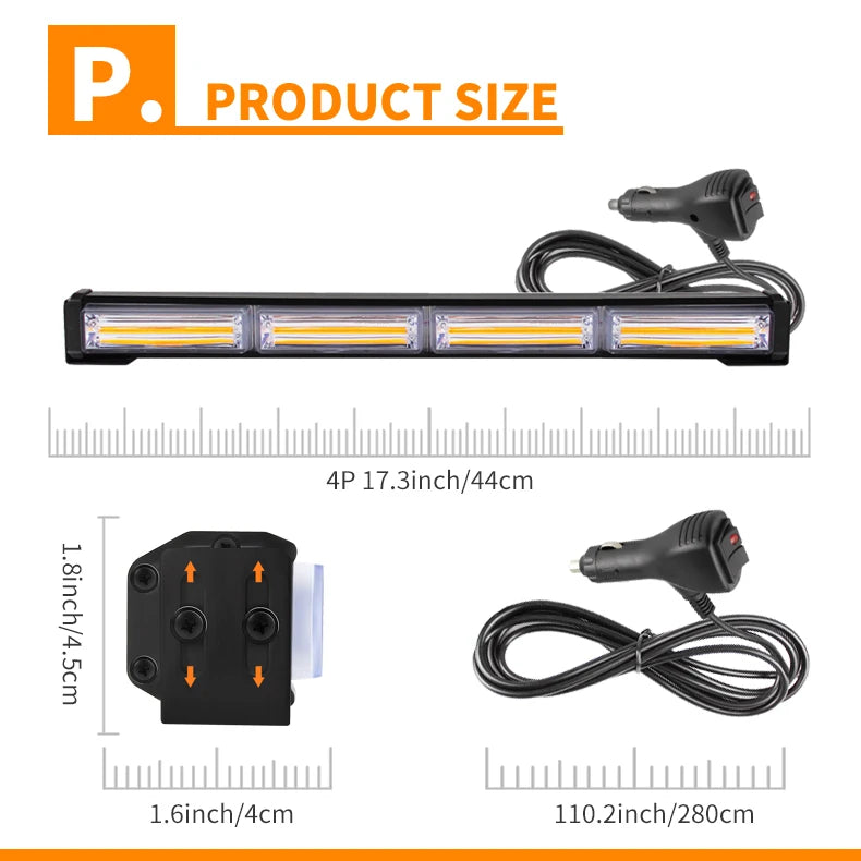 17 Inches Car COB LED Strobe Light Bar Waterproof Rooftop Traffic Emergency Flashing LED Warning Lights for Vehicles Trucks