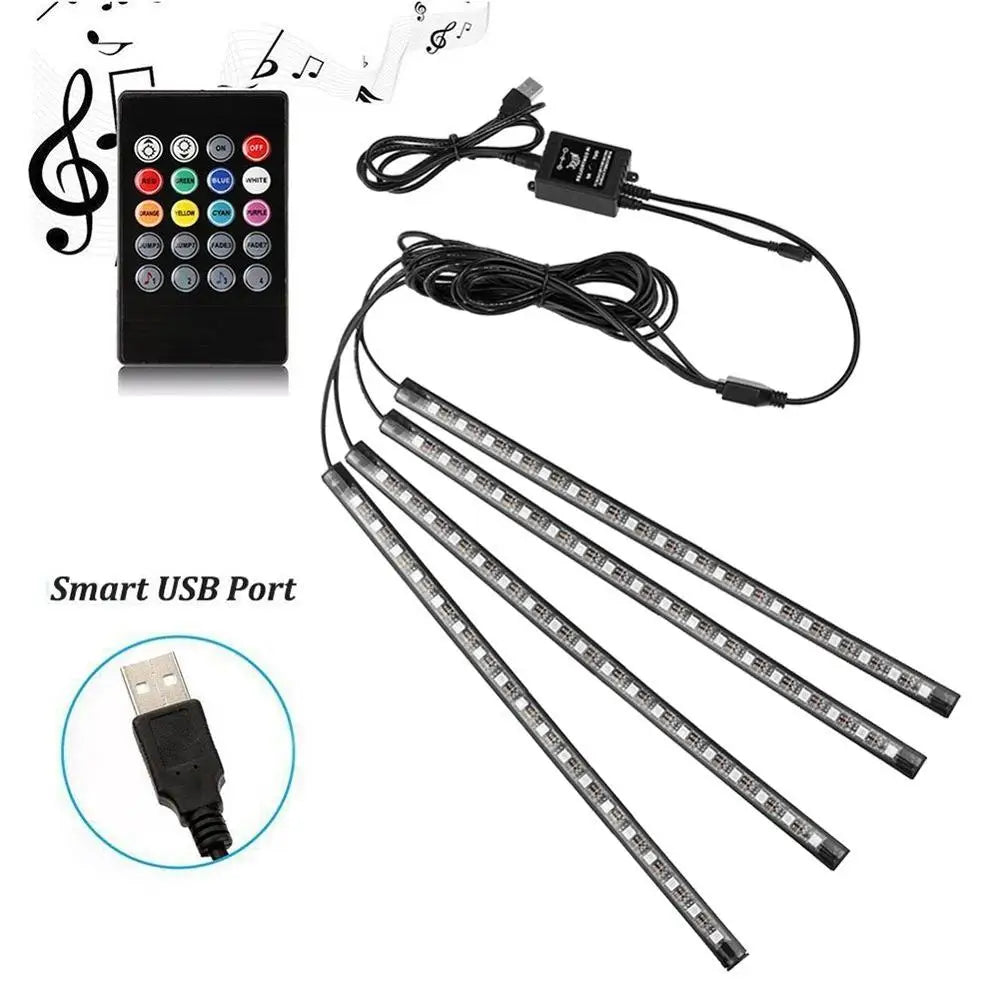 GPRGIT Car Foot Ambient Light 72 LED Seven Color RGB Remote Voice Control Music Strip