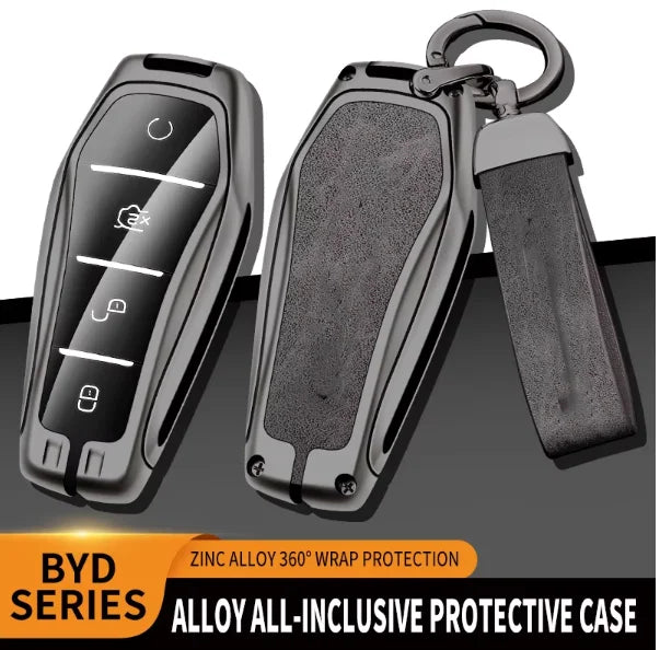 GPRGIT Leather Car Key Cover for BYD Atto 3 Han EV Dolphin Byd Song Plus EV 4 Buttons Remote Metal Accessories Keyless Holder