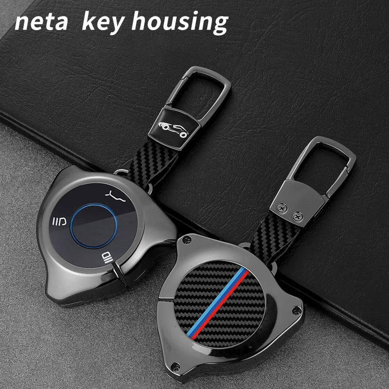 GPRGIT Zinc Alloy Carbon Fiber Car Logo Key Case Cover for Neta V U Pro Hezhong New Energy Vehicles Holder Keychain Accessories
