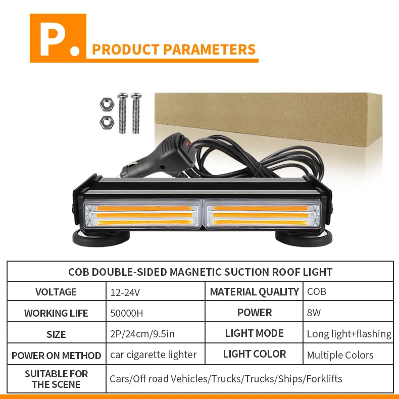 Car LED Strobe Light Bar 2 Sides COB LED Warning Emergency Flashing Lights for Vehicle Rooftop Grille Bumper