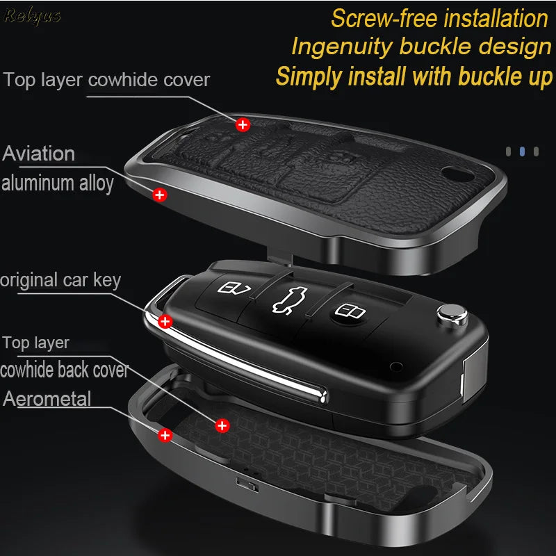 GPRGIT Folding Aluminum Leather Car Key Cover Case Fob for Audi A3 8L 8P A4 B6 B7 B8 A6 C5 C6 4F RS3 Q3 Q7 TT 8L 8V S3 Accessories