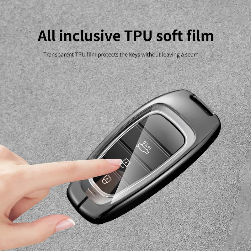 GPRGIT Carbon Fiber Zinc Alloy Leather Car Logo Key Case for Hyundai Tucson Solaris Sonata Hybrid NEXO NX4 Santafe DN8 2020 2021 2022
