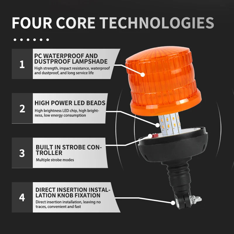 Rotating LED Emergency Warning Light Amber Strobe Beacon Light Flashing Pole Lights for Truck Tractor 12v 24v