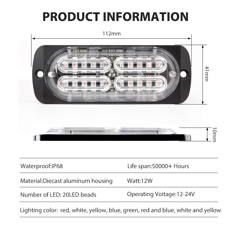 GPRGIT Automotive 12V 24V LED Strobe Light Bar - Grille Marker Beacon - 12-24V, 12W, Spot Beam, IP67, CE/ROHS