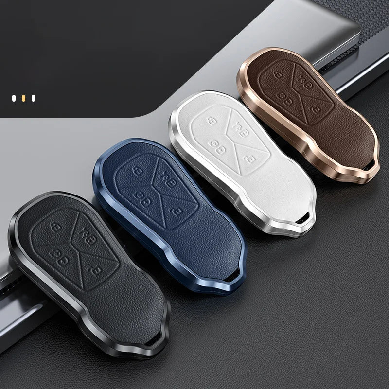 GPRGIT Leather Aluminum Alloy Car Key Cover Case for Xpeng Xiaopeng P5 P7 G9 G3i Smart 4 Buttons Keyless Fob Accessories